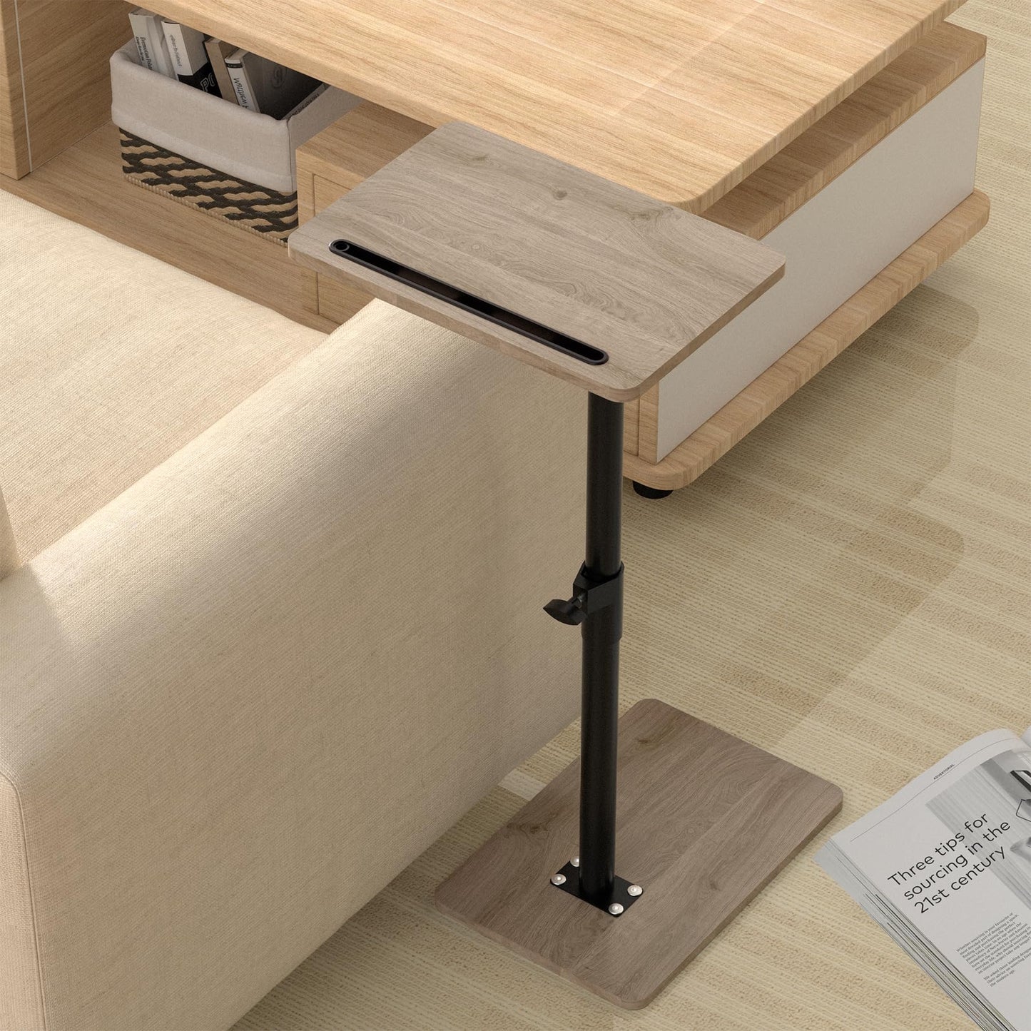 YUHFERA Couch Side Table - 360Swivel Height Adjustable End Table,Sofa Armrest Tray Table,Snack Side Table for Bed or Chair with Phone & Tablet
