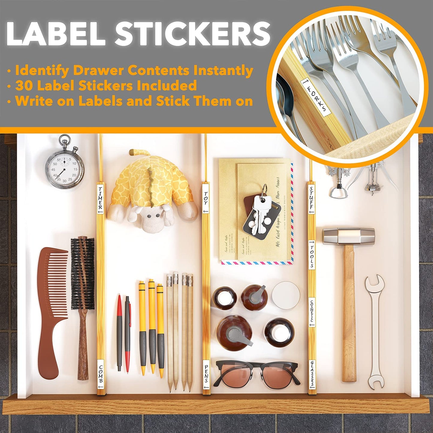 SpaceAid Bamboo Drawer Dividers with Labels, Kitchen Adjustable Drawer Organizers, Expandable Organization for Home, Office, Dressers and Bathroom