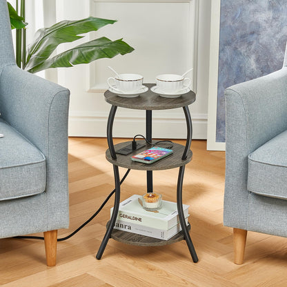 YEAKOO Bedside Table with Charging Station & 4 Sockets, Vintage Round 3-Tier End Table with USB Ports & UK Plugs
