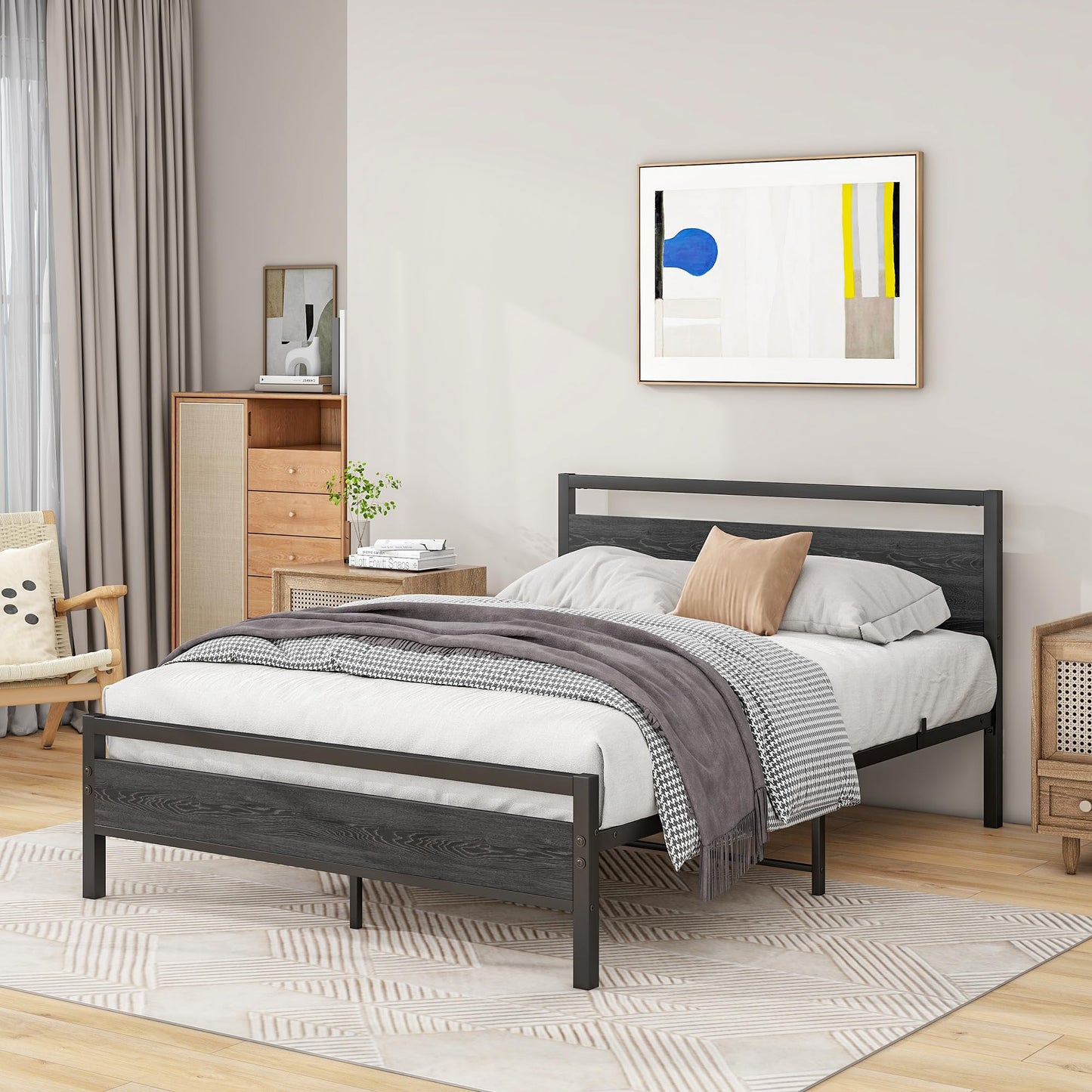 BOFENG 4ft6 Double Bed Frames with Wood Headboard,Heavy Duty Metal Platform Bed Frame Double Bed No Box Spring Needed,Mattress Foundation/Under Bed