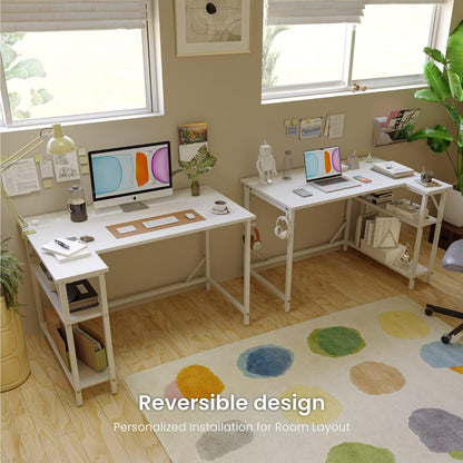 DOMSHOCT L Shaped Desk with Power Outlets&Hooks, 100x70cm Corner white Vanity Table Computer PC Desk, Large Storage Reversible Shelves, Home Office