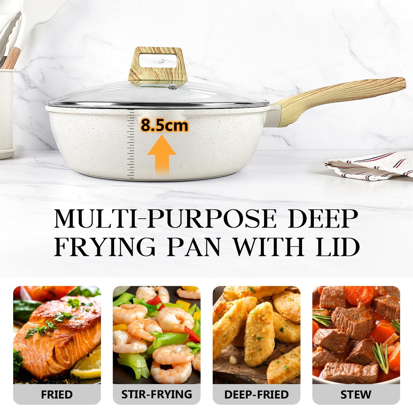 GiPP Nonstick Deep Frying Pan - 2.6L White Granite Saute Pan with Lid, Pour Spout and Stay-Cool Handle, Non Stick Skillet Non Toxic Cooking Pan