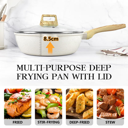 GiPP Nonstick Deep Frying Pan - 2.6L White Granite Saute Pan with Lid, Pour Spout and Stay-Cool Handle, Non Stick Skillet Non Toxic Cooking Pan