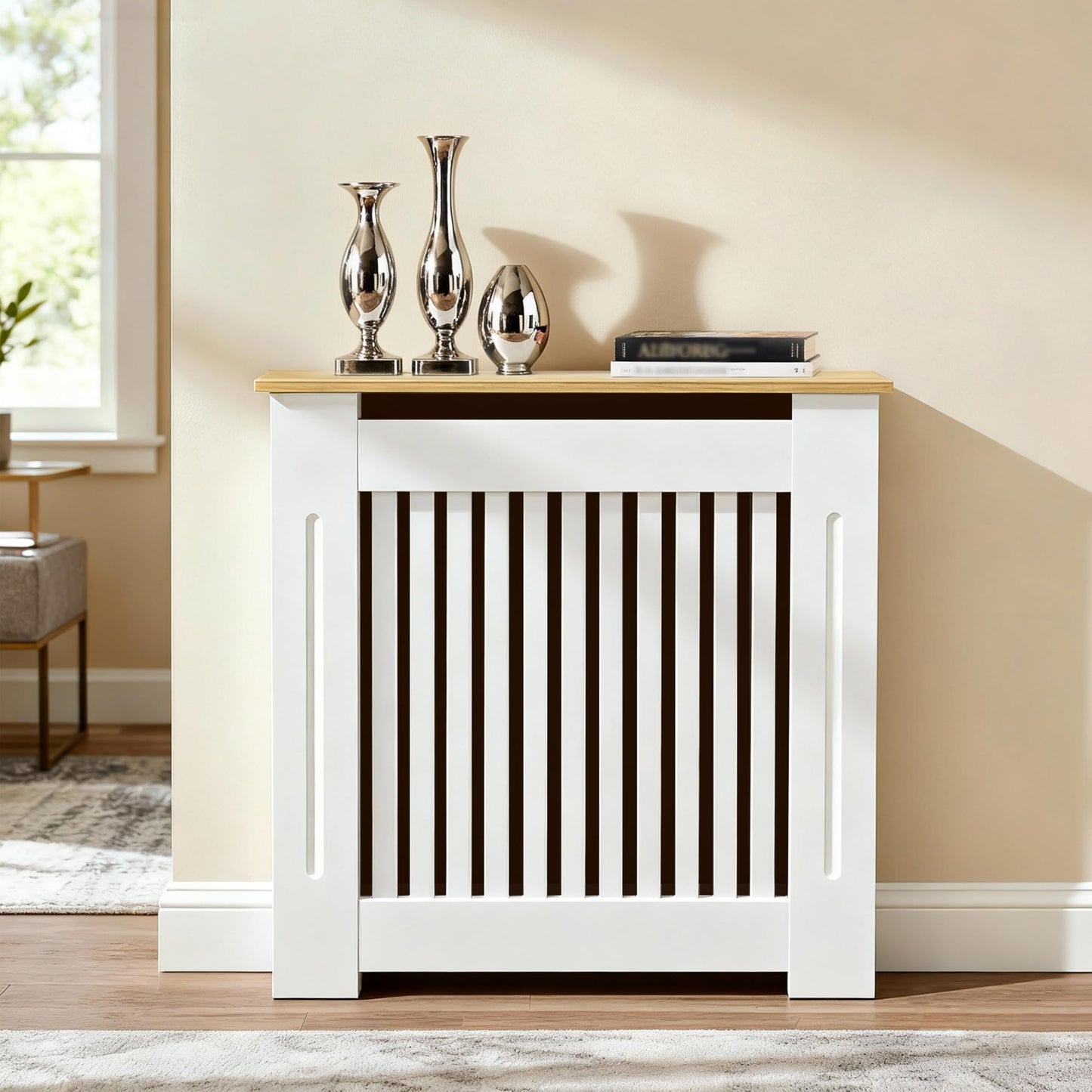 Tall Radiator Cover 90cm high, External 92cm Height Small Heater Covers with Wood Texture Nature Top, Inner Height 90cm Vertical Slats Modern Painted