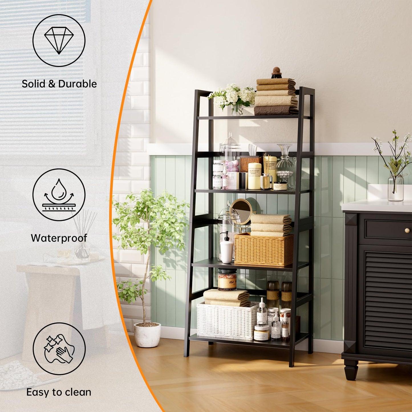 HITNET Ladder Shelf Black, 4-Tier Bookshelf, Freestanding Bathroom Storage Rack with Bamboo Frame, Plant Display Stand for Living Room, Kitchen