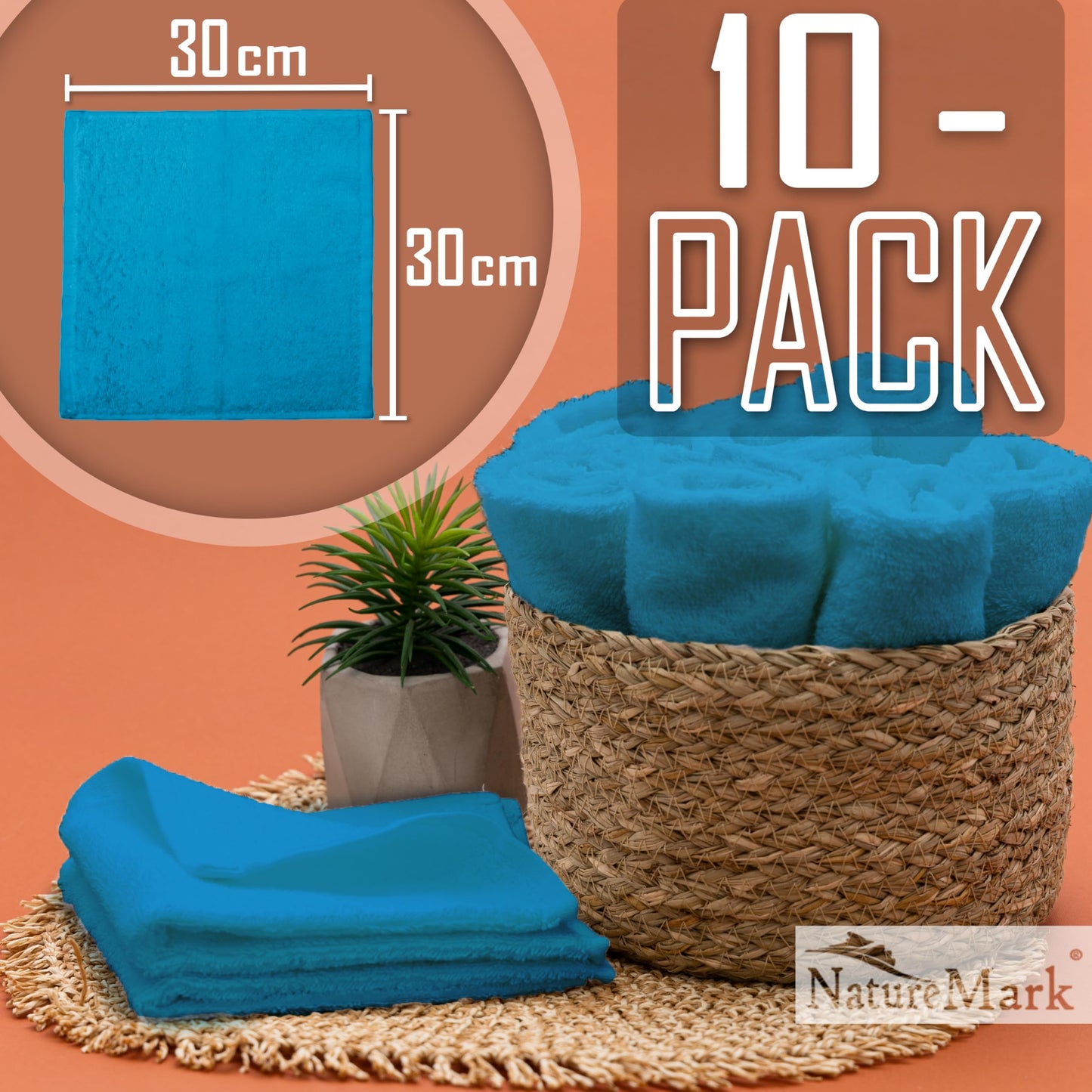NatureMark Set of 10 Washcloths Made of 100% Cotton - Soft and Absorbent Face and Hand Towels - Practical for Bathroom and Kitchen - 30 x 30 cm