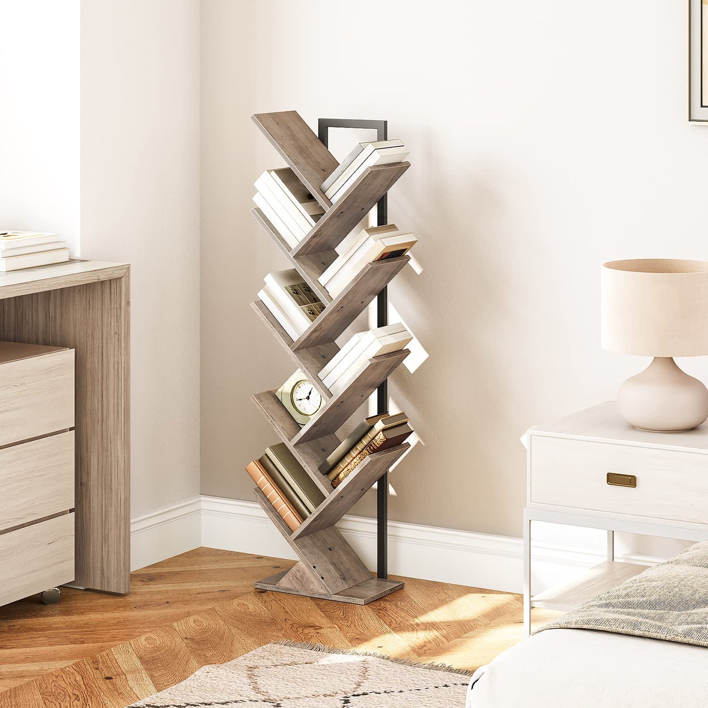 HOOBRO Tree Bookshelf Tall, 9-Tier Floor Standing Book Shelf, Tall Bookcase for CDs Albums, for Living Room, Greige and Black EBG08SJ01G1