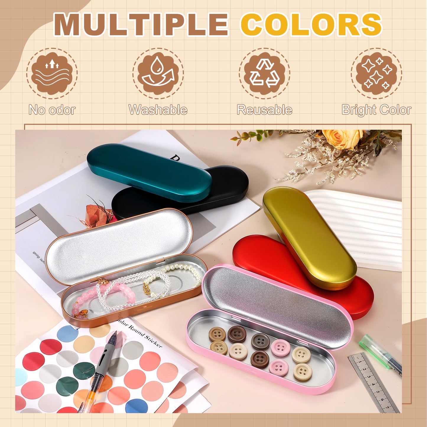 sourcing map 2Pcs Metal Tin Box Container, 6.9x2.4x0.7 Oval Empty Hinged Lid Box with Self Adhesive Colored Sticker