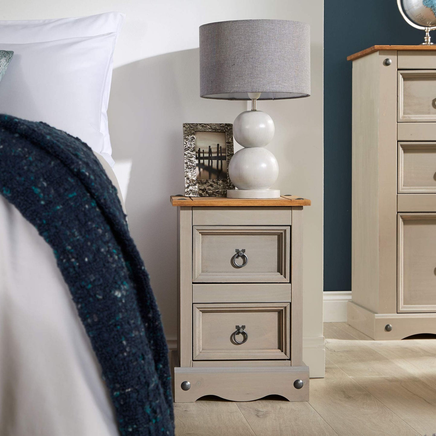 Home Source Corona Distressed Waxed Pine 2 Drawer Petite Bedroom Bedside - Grey