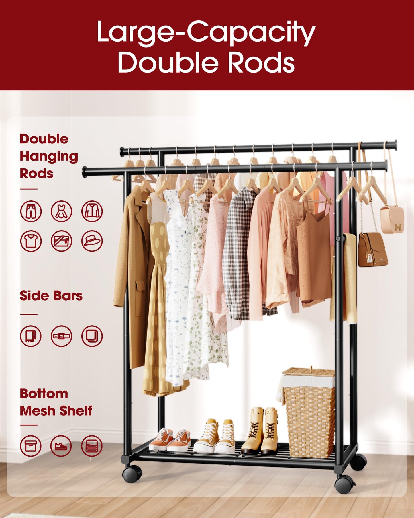 Sakugi Double Rod Clothing Rack with Shelf & Wheels, 98x42x150cm, Black