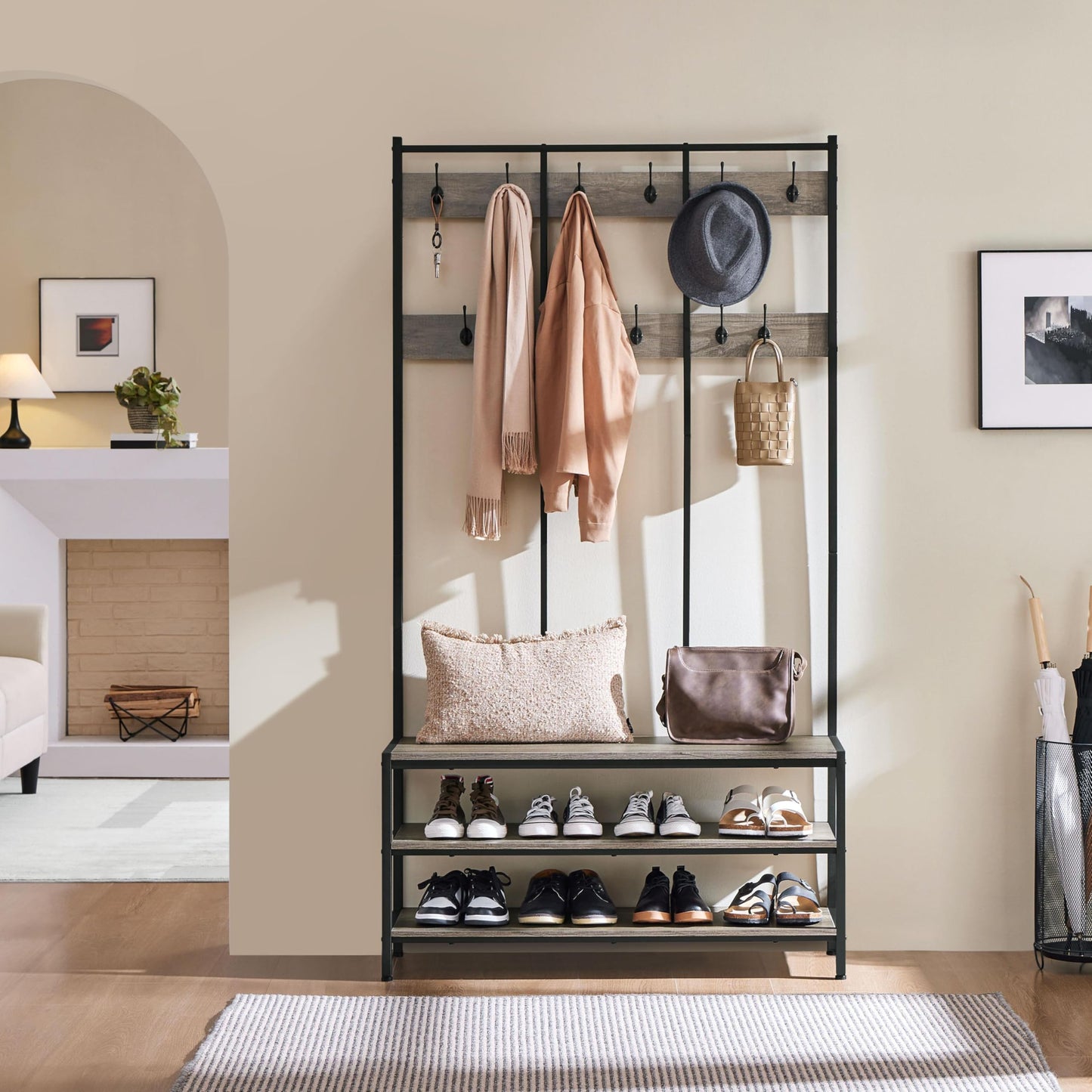 Yaheetech 3-in-1 Hall Tree Coat Rack with Shoe Bench & 24 Hooks, Gray
