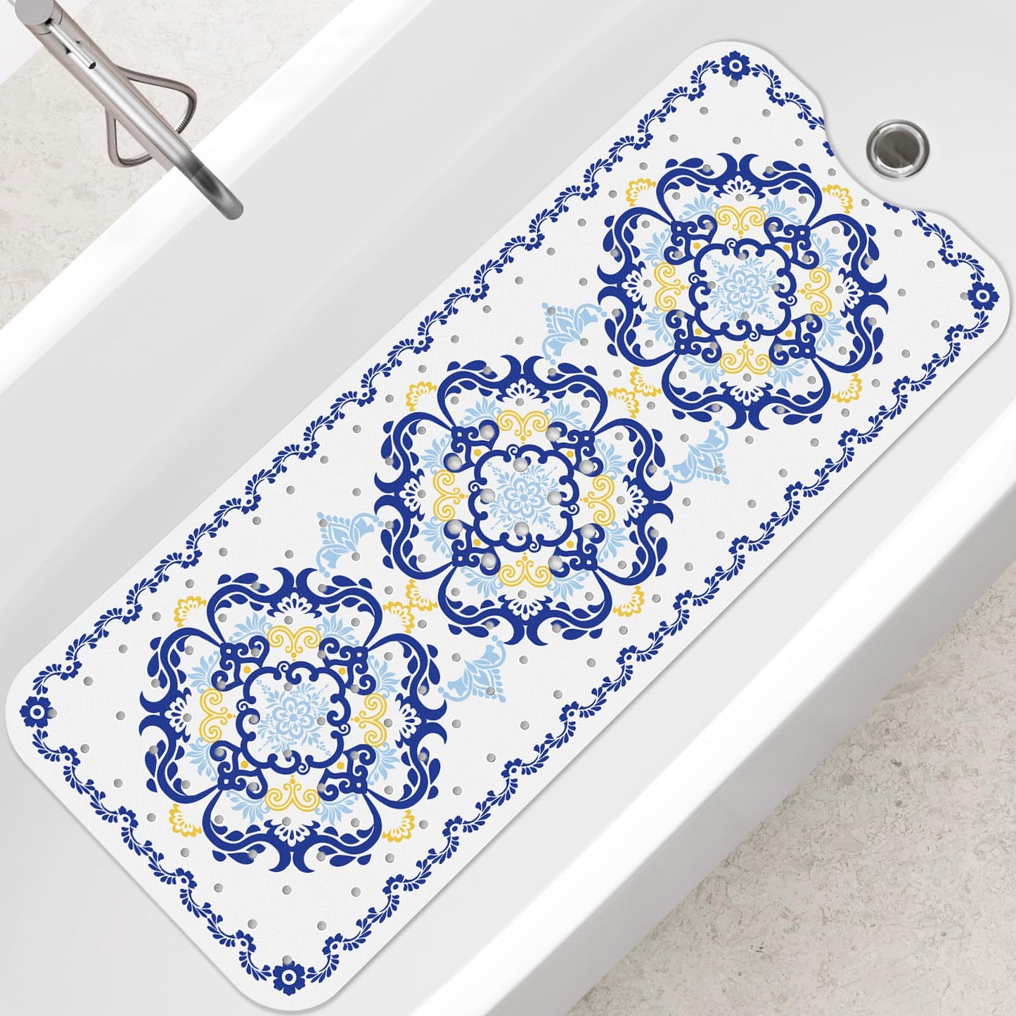 SHUCHING Blue Boho Bath Mat Non Slip Anti Mould, 100 X 40 cm Extra Long Bathtub Mat Anti Slip, Shower Mat Non Slip Anti Mould for Bathroom Machine