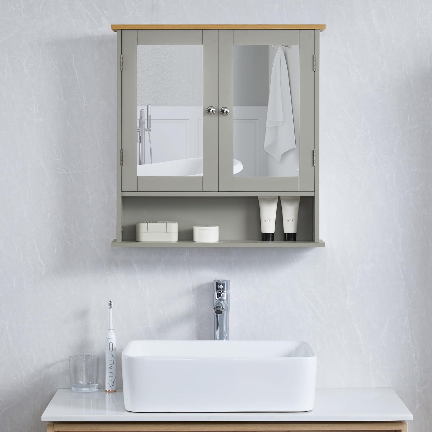 Bath Vida Priano 2 Door Mirrored Wall Cabinet with Shelf | Grey & Oak | 58 H x 56 W x 13 D cm | Easy Assembly | Space-Saving | Round Handles