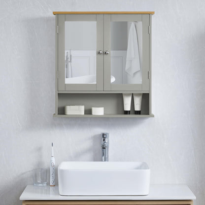 Bath Vida Priano 2 Door Mirrored Wall Cabinet with Shelf | Grey & Oak | 58 H x 56 W x 13 D cm | Easy Assembly | Space-Saving | Round Handles