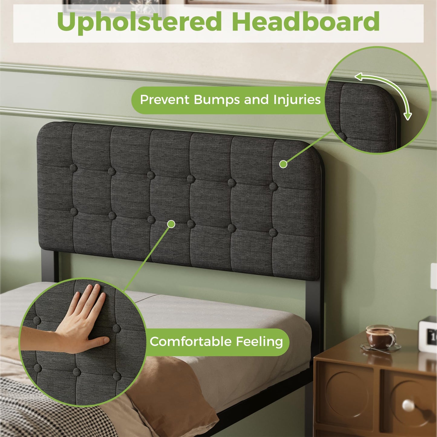Lutown-Teen Single Bed Frame with Black Upholstered Headboard
