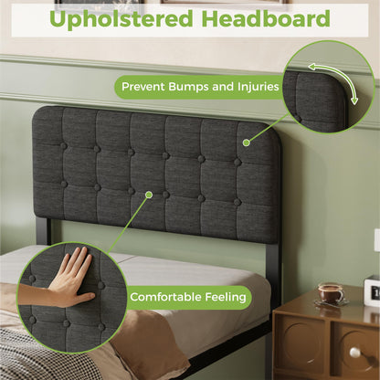 Lutown-Teen Single Bed Frame with Black Upholstered Headboard