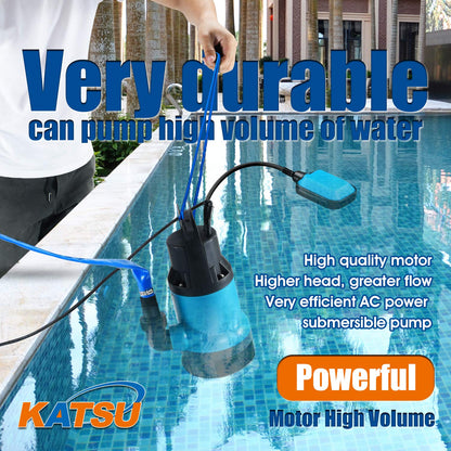 KATSU 400W Portable Submersible Pump for Clean and Dirty Water 8000L/h for Garden Pond, Pools, Ditches + 10m 1" PVC Hose + Quick Coupler Connector +