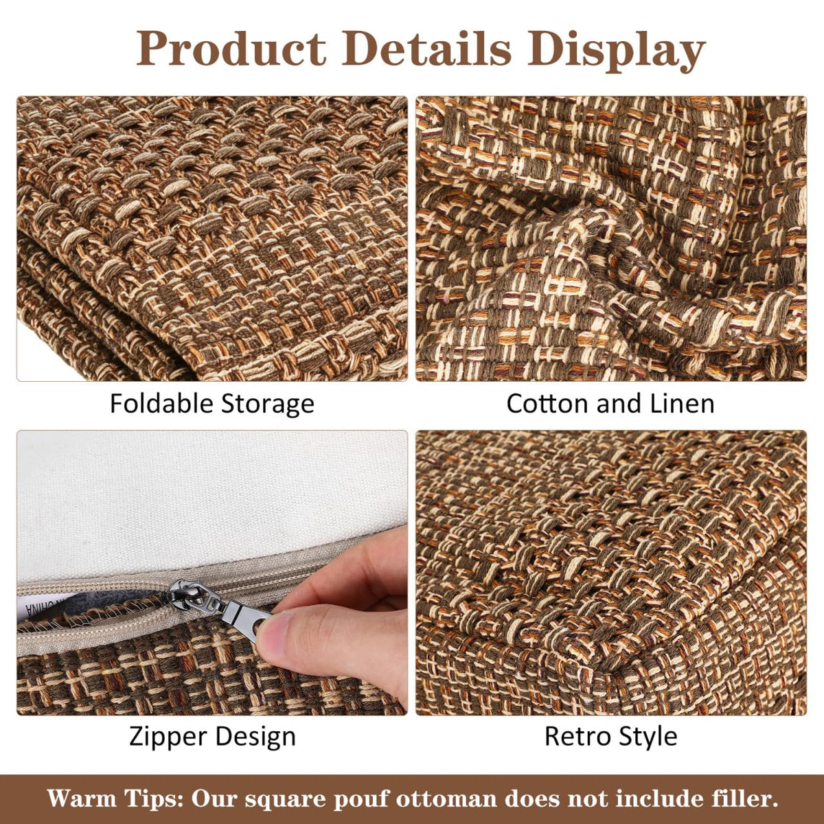 CAXUSD Tatami Floor Cushion Cover Thick Cotton Linen Square Seat Cover Indoor Seats Mat for Meditation Japanese Home Decor Woven Pouffe Cushion 15.75