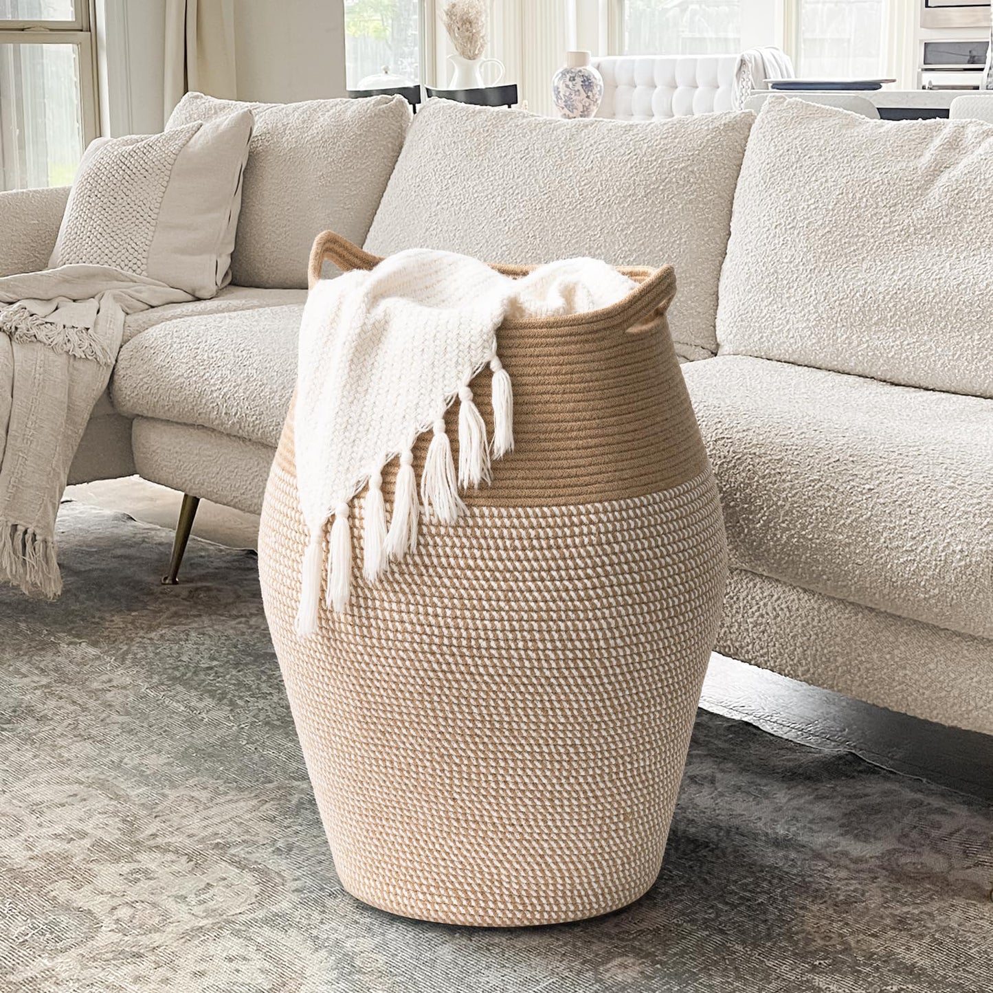 Laundry Hamper Tall Woven Cotton Rope Laundry Basket Dirty Clothes Hamper Kids Curve Laundry Basket Large in Bathroom Laundry Room for Dirty Clothes