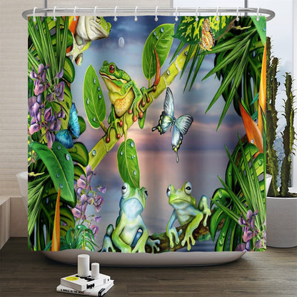 SDOTPMT 90x183cm Frog Shower Curtain Butterfly Cute Funny Animal Green Plant Leaves Flower Bath Curtain Summer Forest Natural Scenery Bathtub Curtain