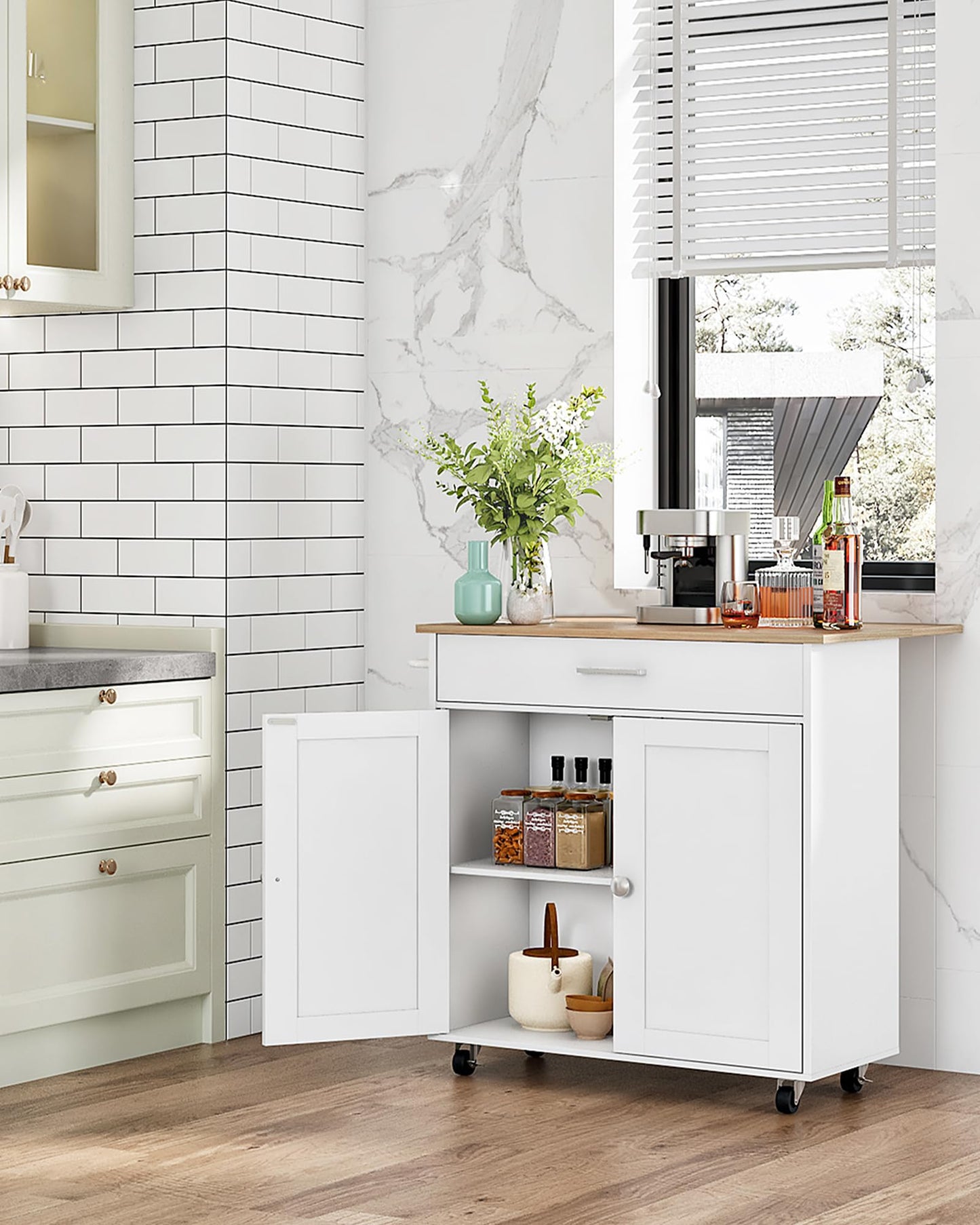 CHOEZON Kitchen Island, Farmhouse Kitchen Island Cart with One Double Cabinet and Drawer, Rolling Storage, with Drop Leaf ＆ industrial locking wheels