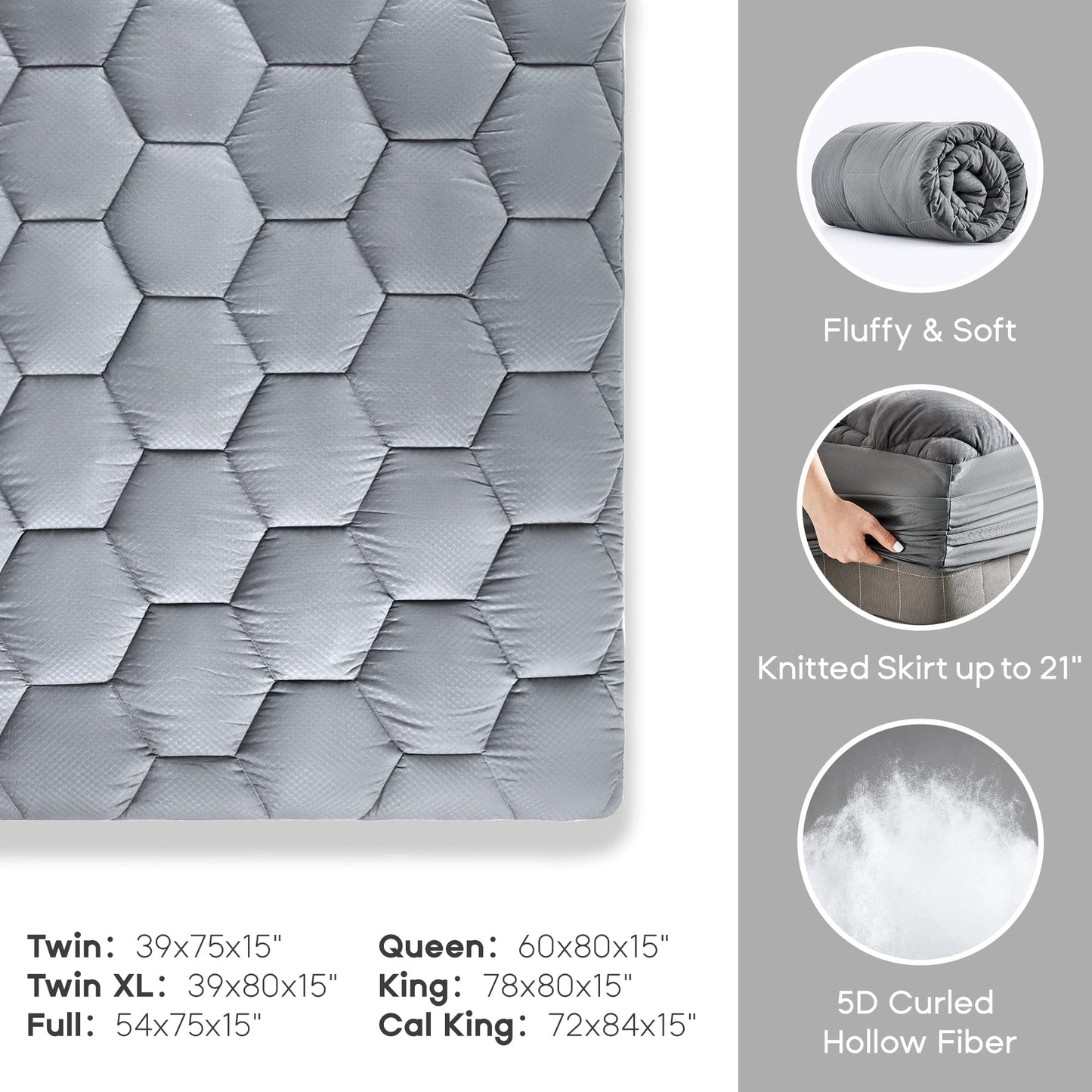 SONIVE Waterproof Mattress Topper Soft Bed Topper Breathable Thick Fitted Deep Mattress Protector Filling Pad with with Elasticized Straps for Double