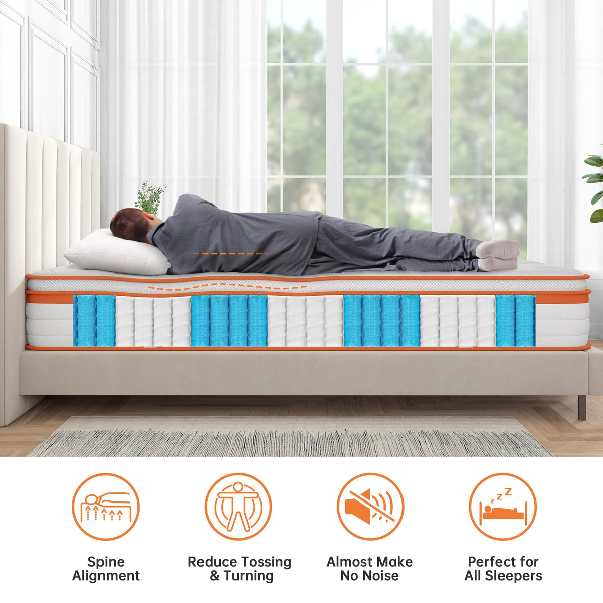 TeQsli King Mattress 5FT, 10 Inch Memory Foam 7 Zone Support King Mattress Pocket Sprungs Wave Memory Foam Hybrid - Medium Firm