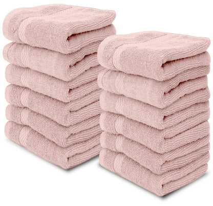White Classic Luxury Cotton 12 Pcs Flannel Set, Hotel Style Face Cloth 33x33 cm, Soft Plush Bathroom Face Towel Pack of 12, Pink