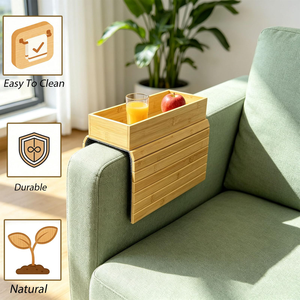 QQdou Bamboo Sofa Arm Tray — Foldable Couch Armrest Table with Cup Holder, Anti-Slip Wooden Arm Tray Organiser for Remote, Phone, Snacks & Drinks