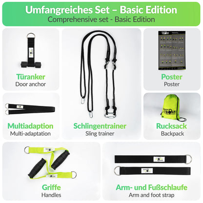 Premium sling trainer with door anchor and certificate (InBuB seal) including exercise post, training plan | handmade, lime without spacer (Basic)