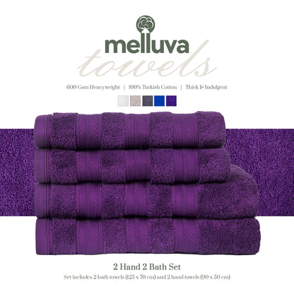 MELLUVA Large Bath Towels | Set of 4 | 100% Turkish Cotton | Highly Absorbent 600GSM | Soft Plush Luxury Towel Set | 2 Bath Towels 2 Hand Towels