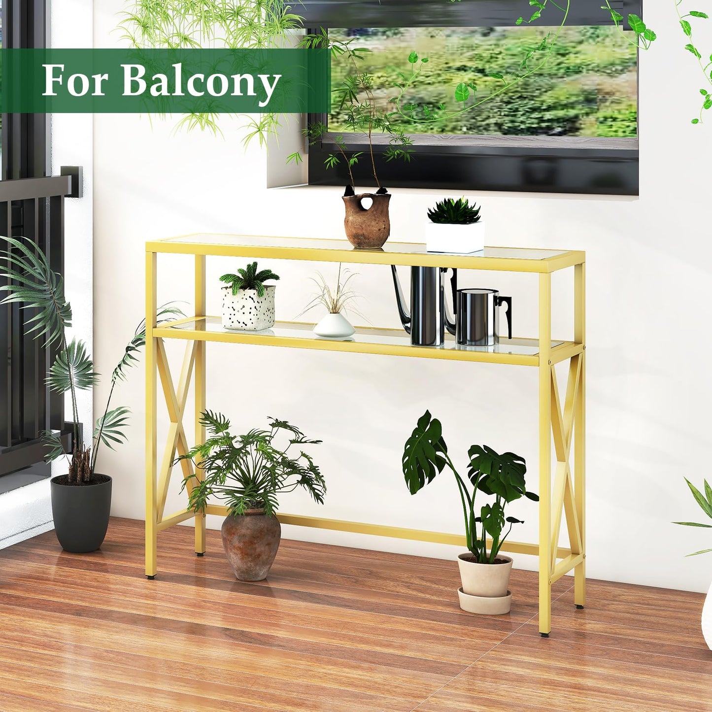 YMYNY Console Table, Tempered Glass Sofa Table, Industrial Entryway Table for Hallway, Narrow Sofa Table with Shelves