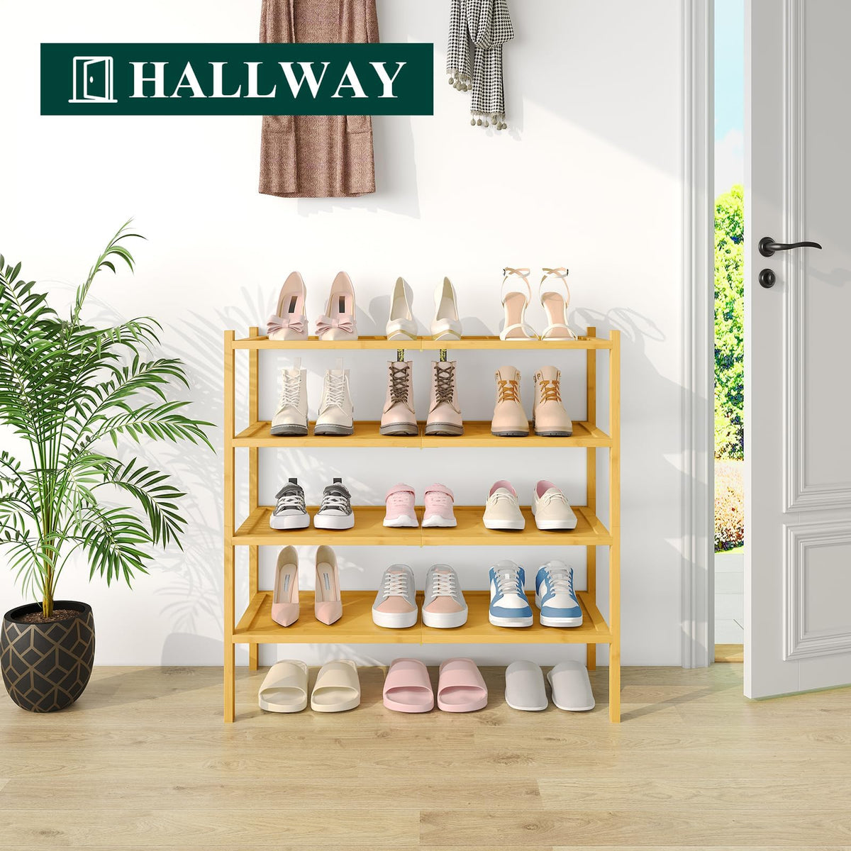 smiry Bamboo Shoe Rack, 4 Tier Shoe Organizer for Entryway & Living Room, Stackable Free Standing Storage Shelf for Shoes, Bags & Plants, Natural