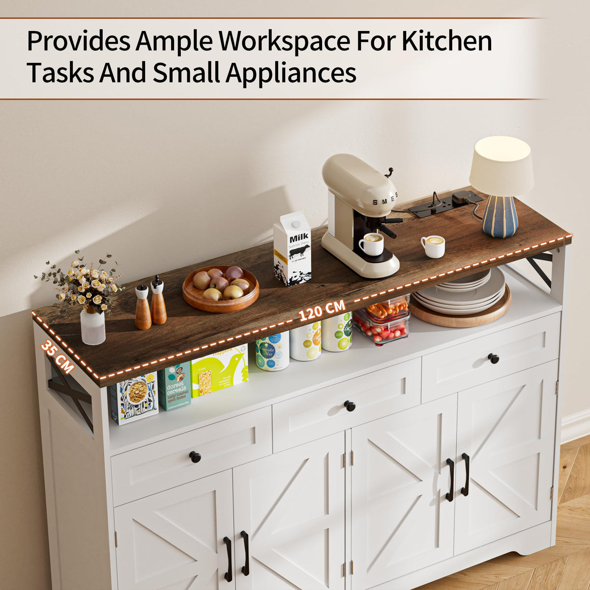 BonVache Sideboards Cabinet with Power Outlets,Wooden Storage Sideboard with Adjustable Shelf,3 Drawers and Open Shelf,Buffet Cupboard for Living