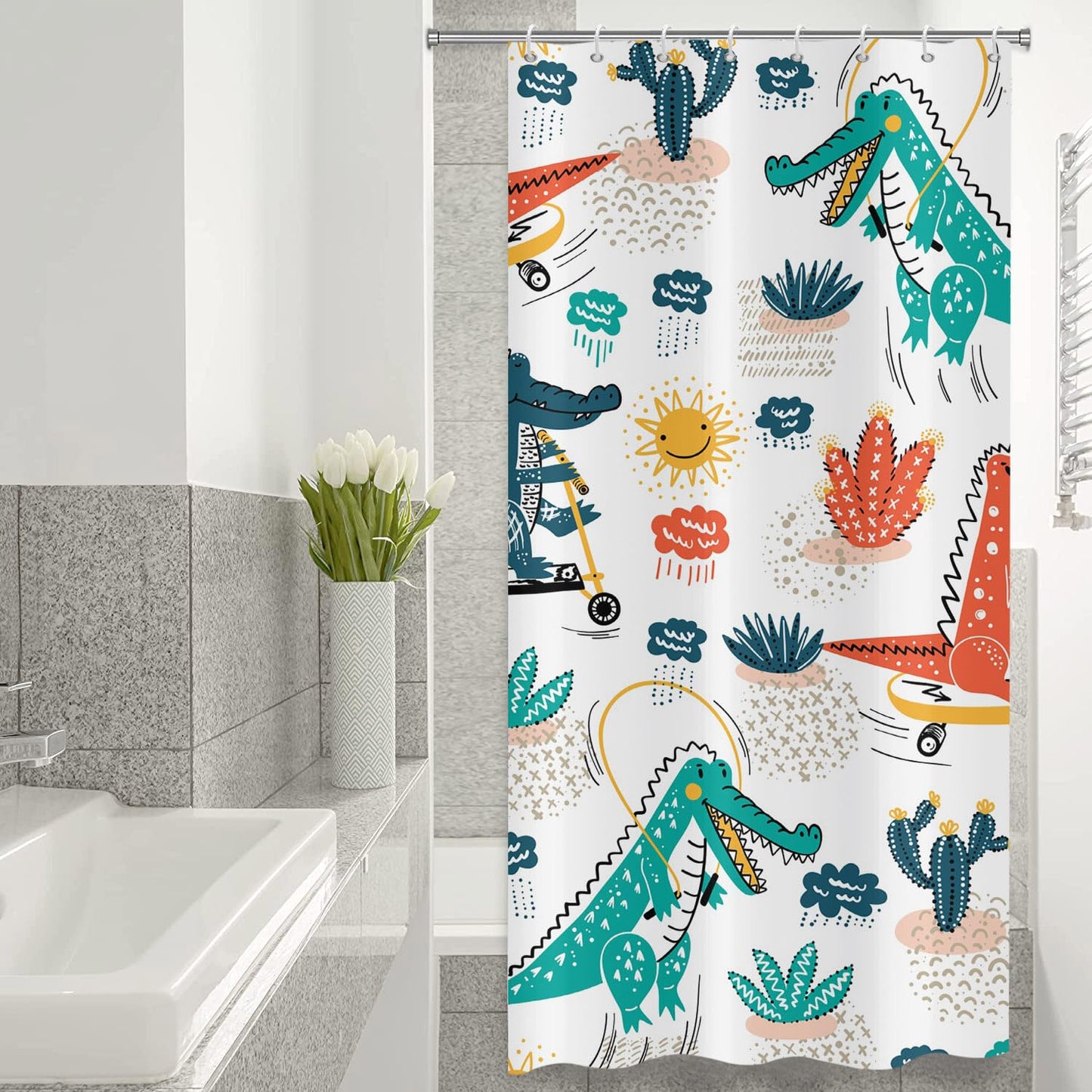 ASDCXZ Kids Shower Curtain 120x180 cm, Cute Cartoon Crocodile Cactus Sun Cloud Bath Washable Narrow Shower Curtains with eyelets Polyester Textile