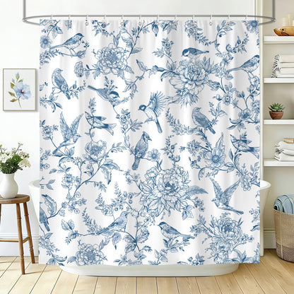 hometrixx Farmhouse Vintage Blue Floral Birds Shower Curtain 180x200cm