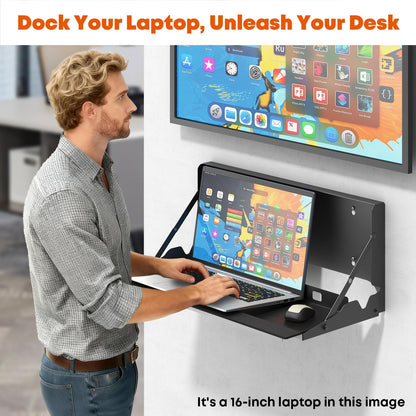 Flip-Down Keyboard Wall Tray, 24-Inch Wall-Mounted Platform with Mouse Pad & Wrist Rest, Space-Saving Design, Holds up to 22 lbs, Black