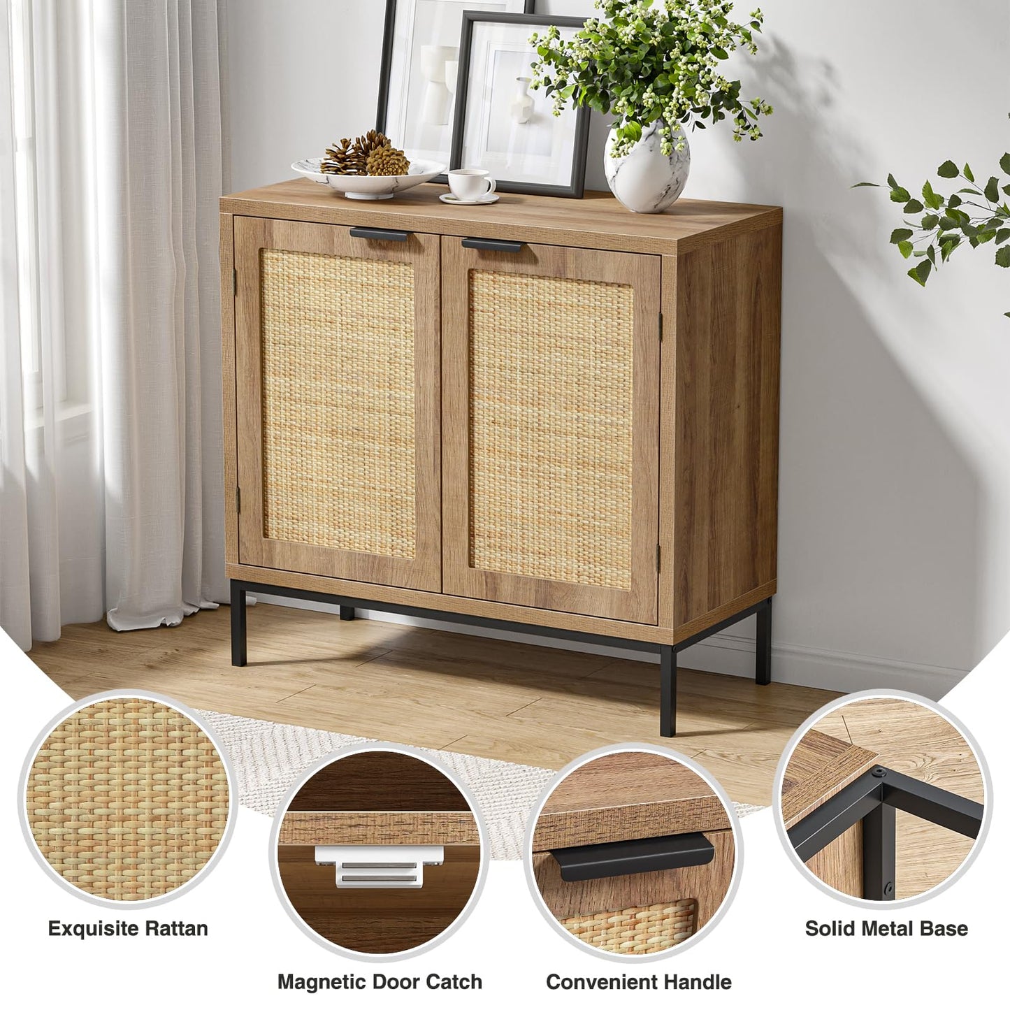 Skokliz Storage Cabinet, Sideboard with Rattan Decorated Door, Wood Kitchen Cupboard Sideboard with Adjustable Shelf, Accent Cabinet for Entryway