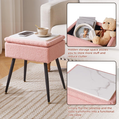 Aibiju Dressing Table Chair with Storage, Faux Teddy Fur Rectangular Bedroom Ottoman Stool with Metal Legs, Makeup Vanity Stool Side Table for Makeup