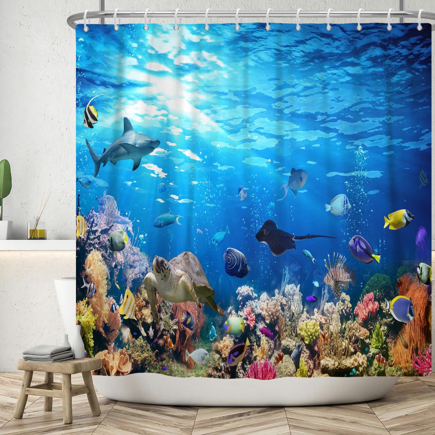 ASDCXZ Sea Floor Shower Curtain 180x200 cm, Blue Deep Sea Ocean Colorful Underwater World Shark Turtle Fish Washable Shower Curtains Polyester Textile