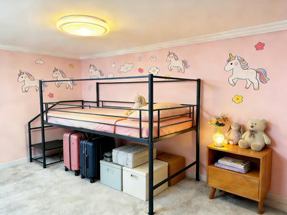 XINBEDEU Single Low Loft Bed with Storage Stairs, Metal Mid Loft Bed Frame with Safety Guardrails, Space-Saving Design for Bedroom