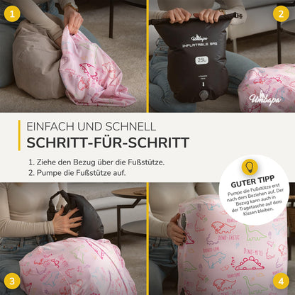 Children's Footrest Set - Inflatable Footrest + Dino Blossom Cover | for Air Travel, Car & Train | Super Soft, Washable & Compact
