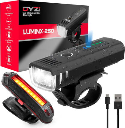 Dyzi Bike Lights - USB Rechargeable Ultra Bright Front & Back Bike Light Sets - 4 Light Modes With Daylight Sensor - Easy to Fit and Mount LED Bicycle Lights