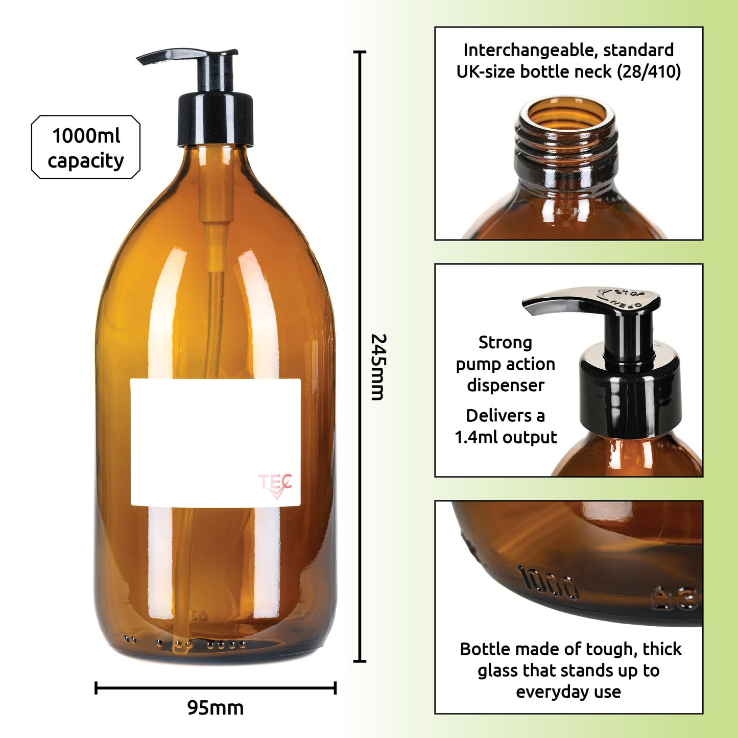 TEC 1 Litre Bottles Amber Glass 65% Recycled with Pumps (2)