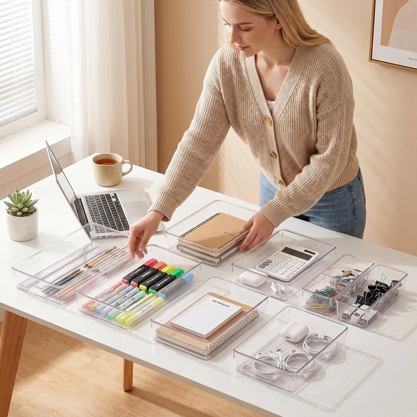 6 Pcs Clear Drawer Organiser Trays, Versatile Acrylic Drawer Dividers & Storage Bins, Non-Slip Makeup Organiser