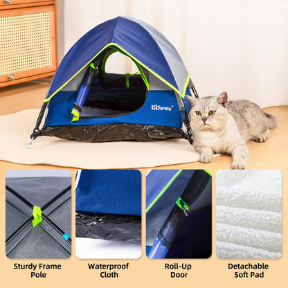 Blue Cat Tent, Large Cave Bed for Indoor Cats and Small Dogs with Soft Mat - 22" x 22" x 14"