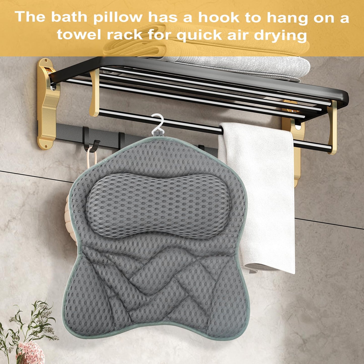 Bath Pillow, 4D Ergonomic Bathtub Spa Pillow Breathable Air Mesh Bathtub with 6 Suction Cup and Hook for Head, Shoulder