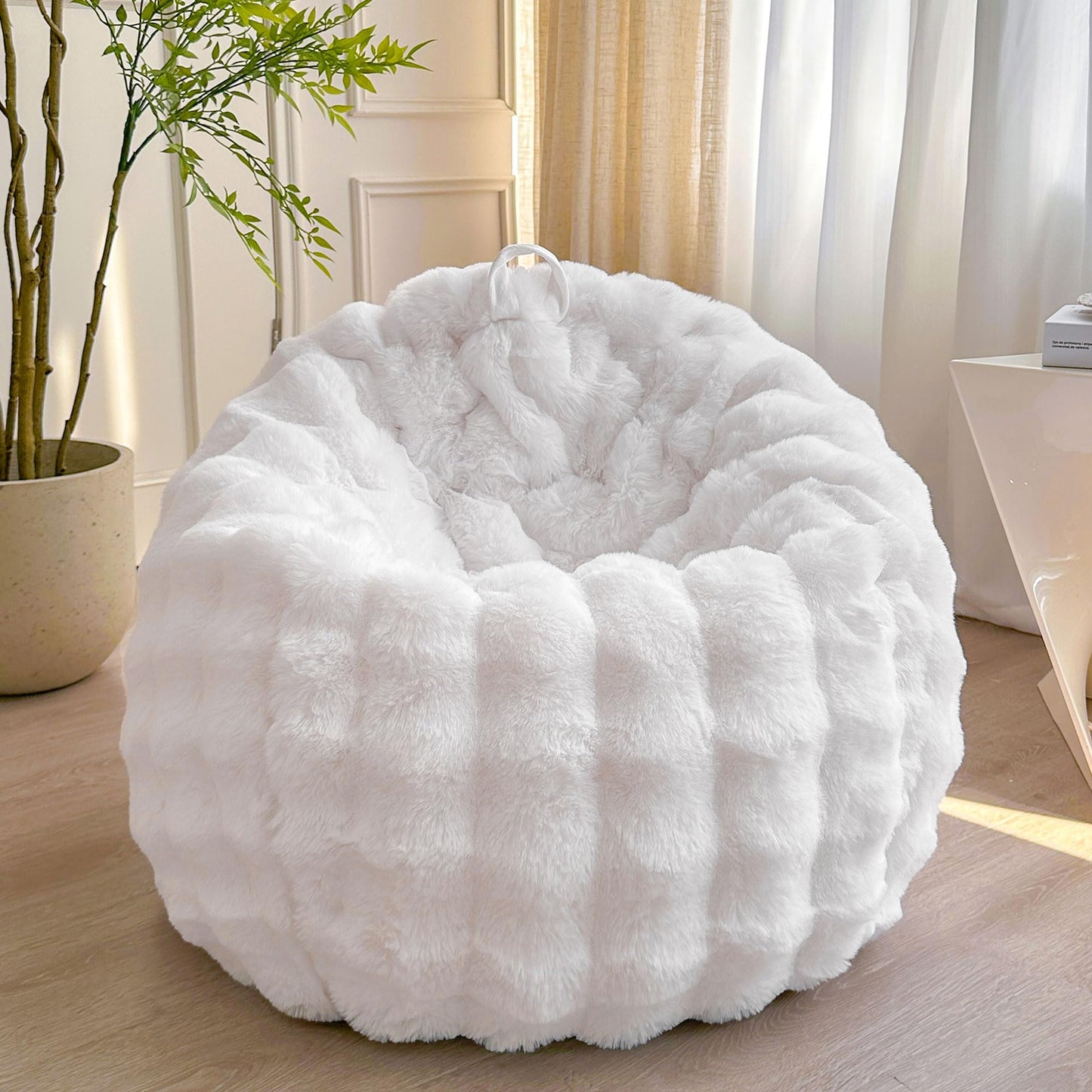 LIFEREVO Kids Fluffy Faux Rabbit Fur Bean Bag Chair Cover, No Filler, White
