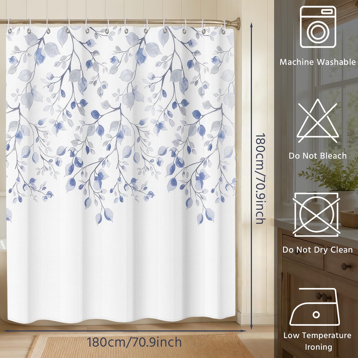 FAVORTALK Shower Curtains Washable Shower Curtain Mould Proof Resistant Waterproof Leaf 180x180cm Bathroom Curtains with Hooks Quick-Drying Polyester