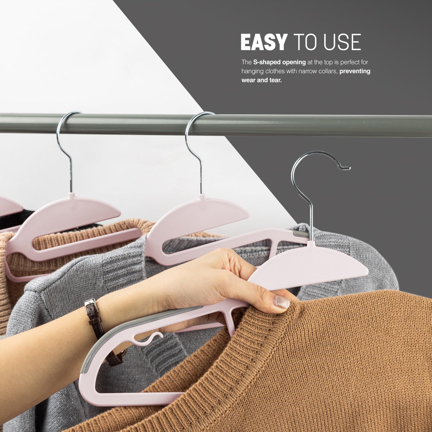 KEPLIN 50-Pack Non-Slip Hangers – Durable, Slimline Design for Space Saving with 360° Swivel, Tie Organiser, Strap Hooks, and S-Shape Opening - Blush